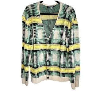Urban Outfitters Plaid‎ Graphic Cardigan Mens Large Grandpa Preppy Green Retro